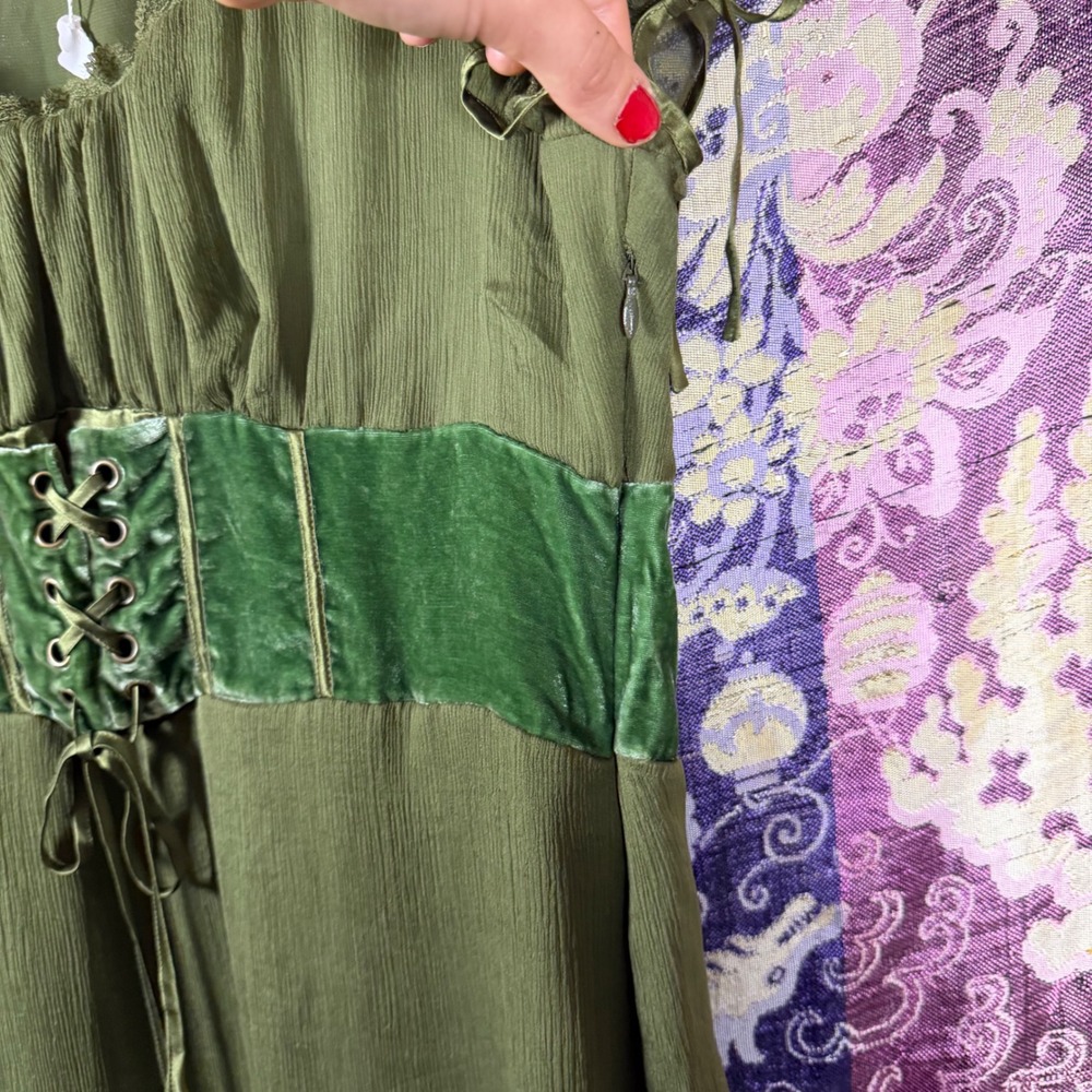 Silk Green Velvet Lace Up Corset Renfair Goth Fairy Babydoll Blouse Size XL - Picture 8 of 14